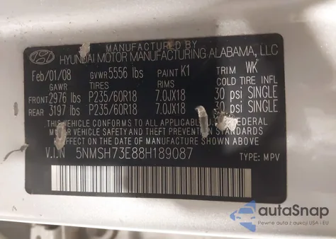 2008 Hyundai Santa Fe Limited/Se from USA, damaged, VIN 5NMSH73E88H189087